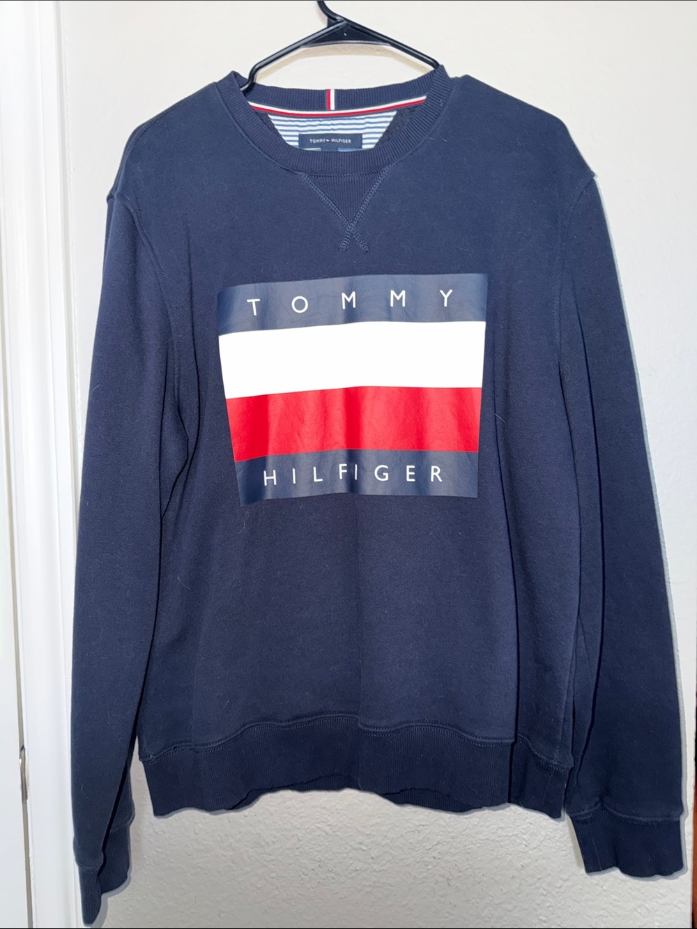 Tommy Hilfiger Navy Crewneck Sweater with White & Red Logo Stripe